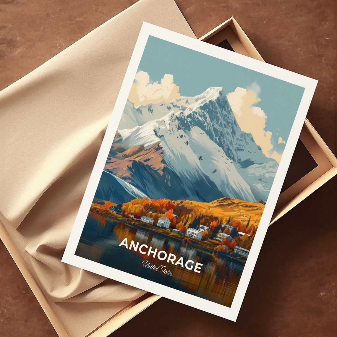 Anchorage Alaska Lakeside Cabins Snowy Peak Autumn Travel Poster - Image 3