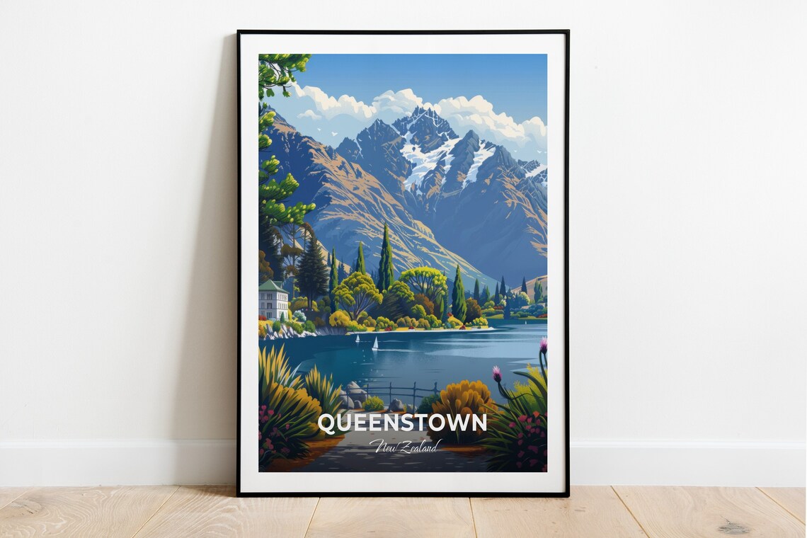 Queenstown New Zealand Lake Mountain Gardens Vintage Travel Poster