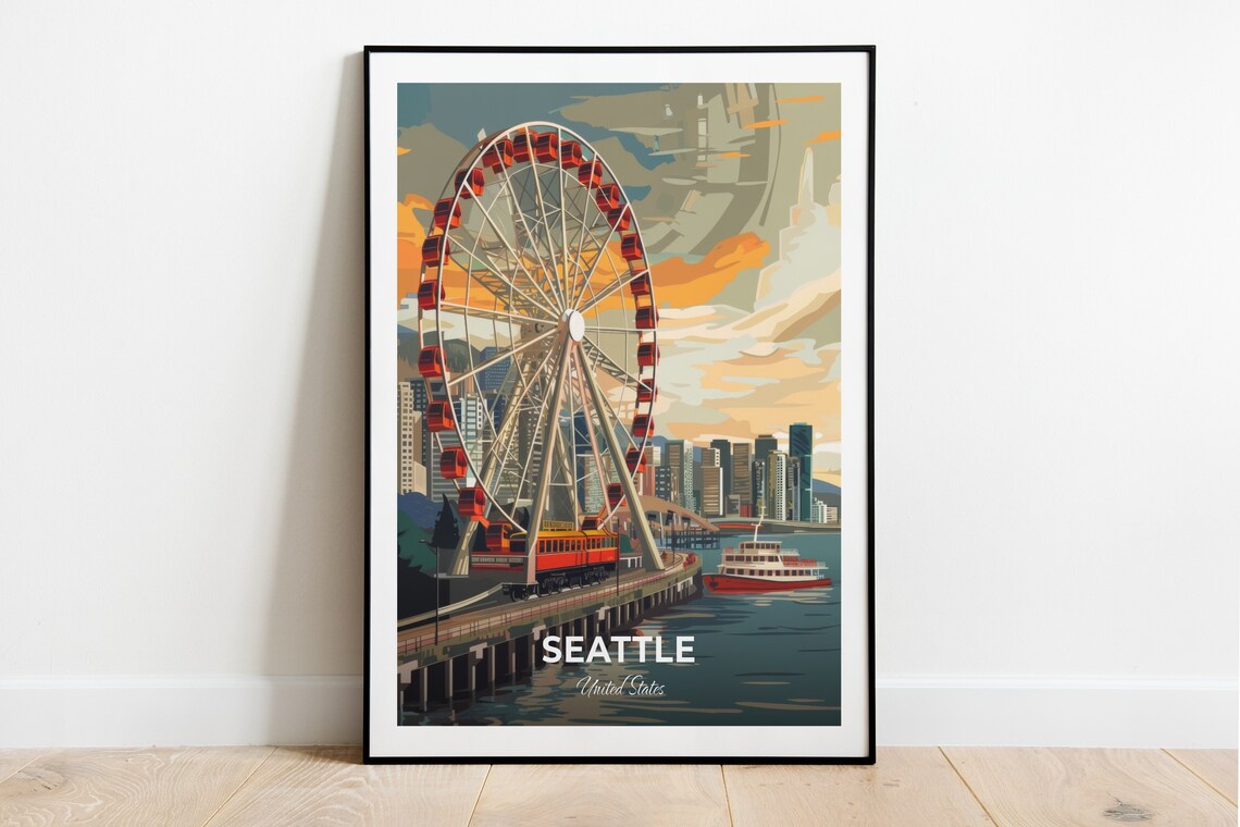 Seattle Washington Great Wheel On The Waterfront Pier With Ferry Poster