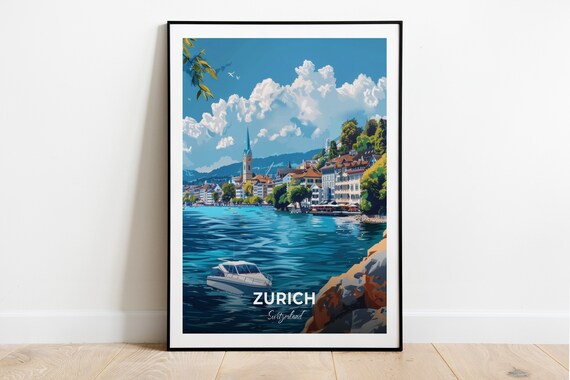 Zurich Switzerland Lake Zurich Old Town Boat Harbor Travel Poster