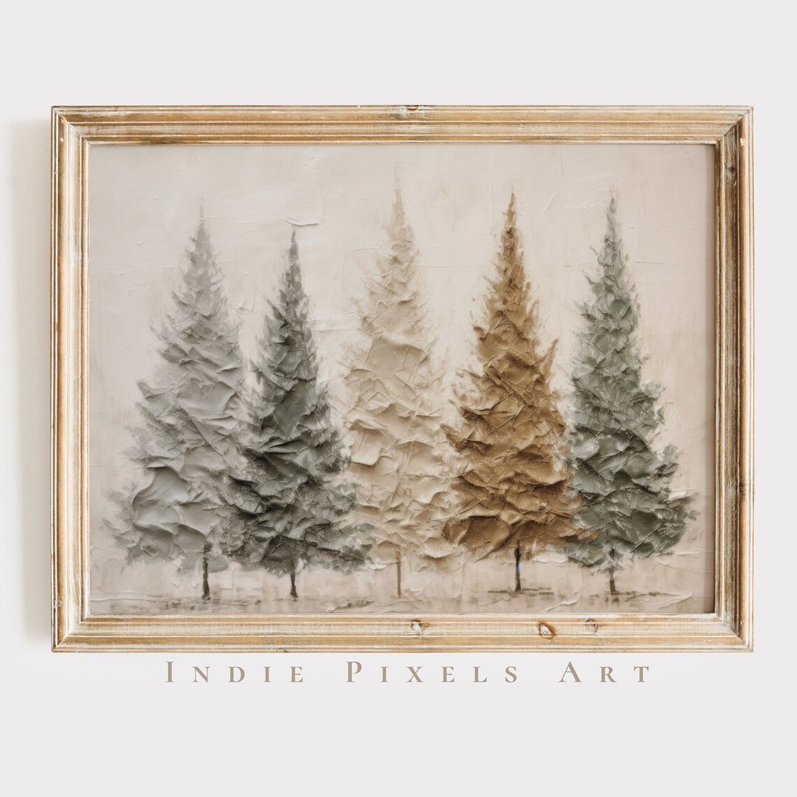 Muted Textured Five Pine Trees Winter Forest Painting Wall Art