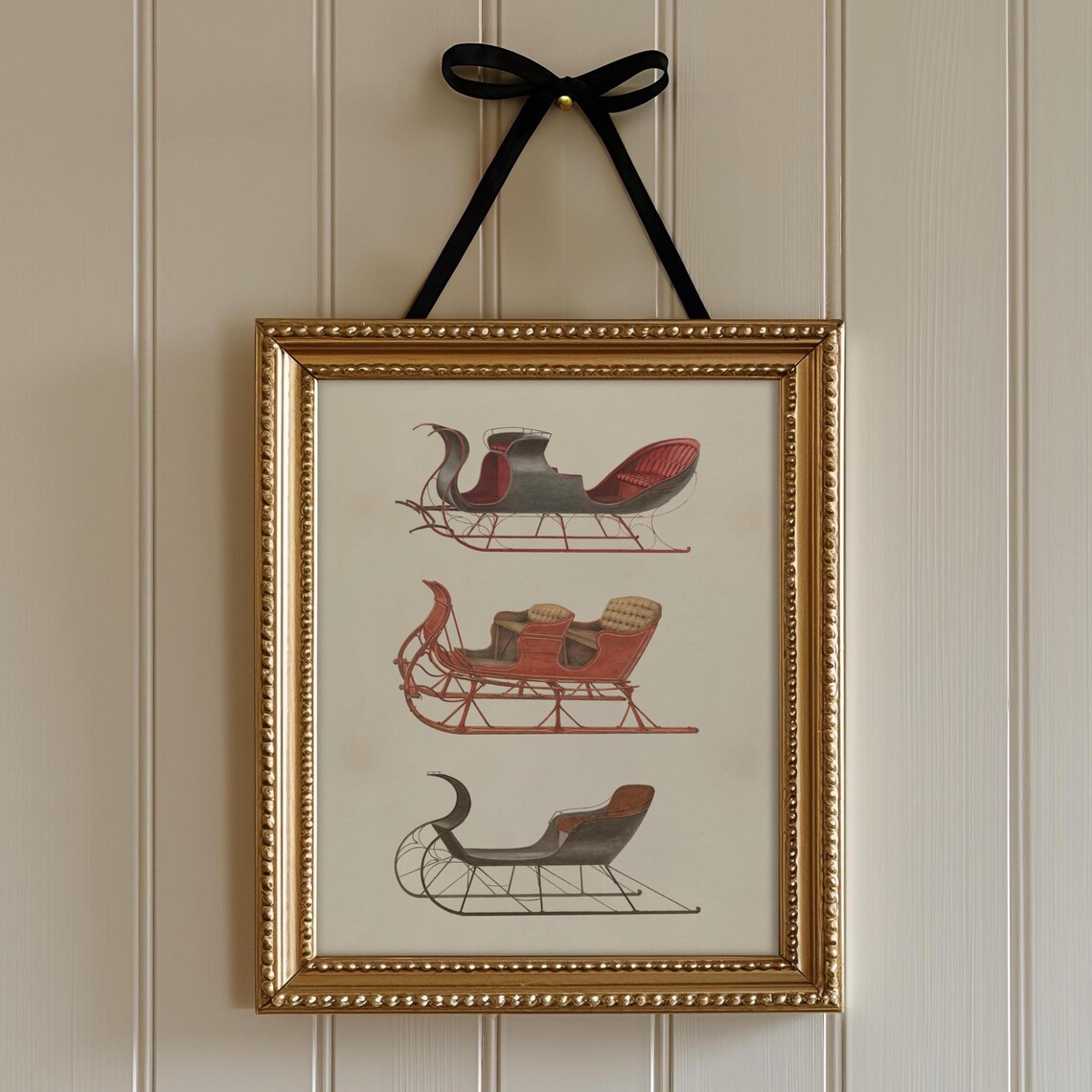 Vintage Antique Horse Drawn Sleighs Red Grey Winter Illustration Print