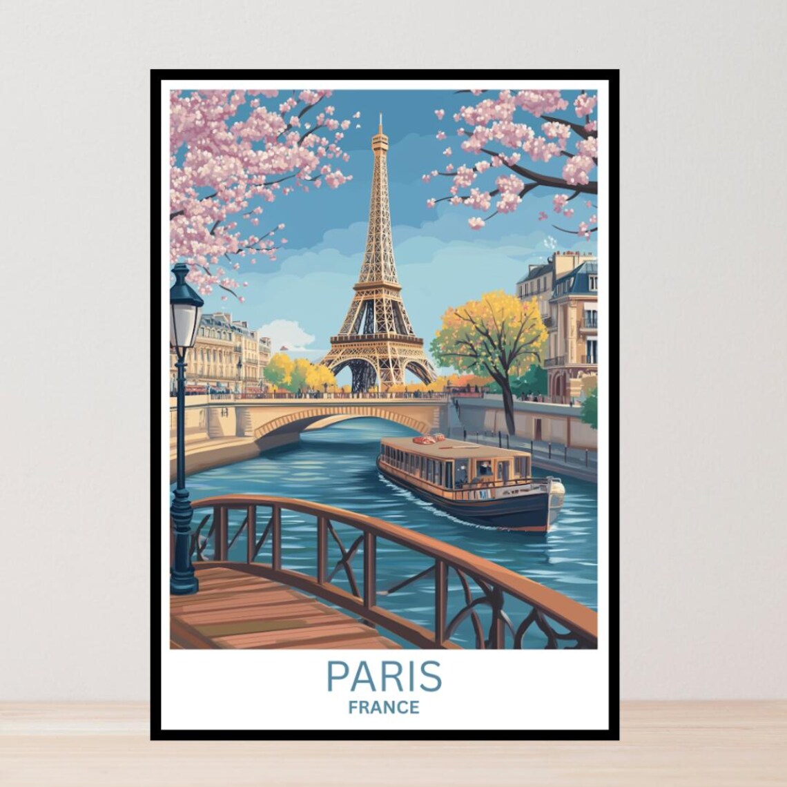 Paris France Eiffel Tower Seine Boat Blossoms Vintage Travel Poster