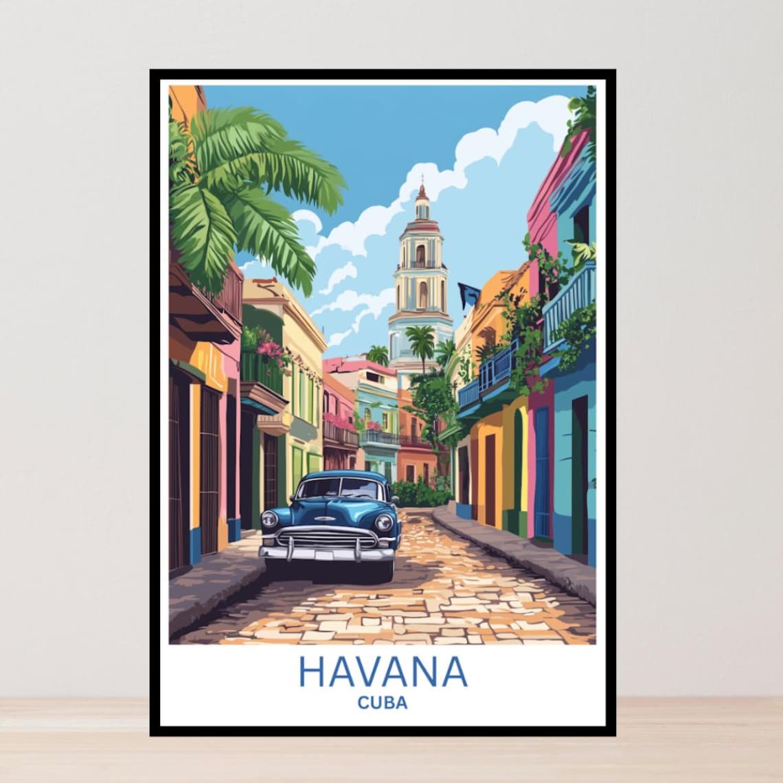 Havana Cuba Classic Car Colonial Street Church Vintage Travel Poster