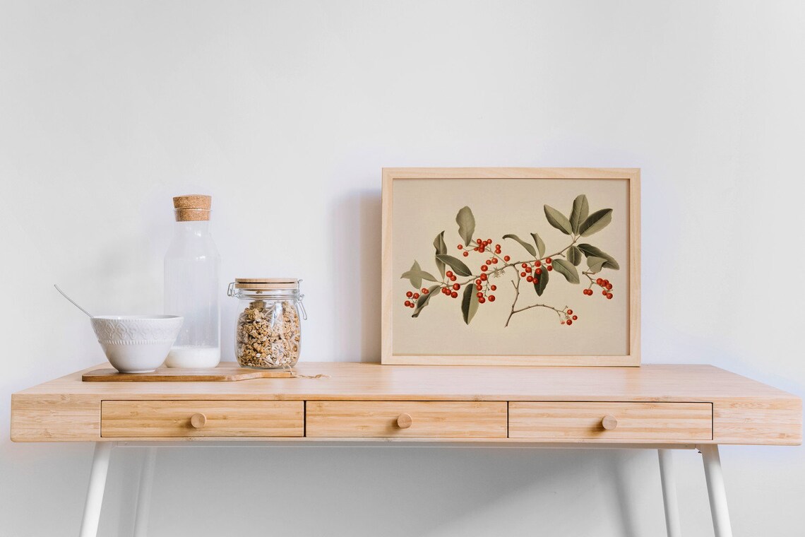 Botanical Holly Branch With Crimson Berrie Art Print - Image 4