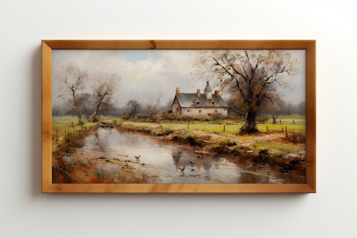 Rustic Reflections, A Cottage By The Stream Antique Print - Image 2