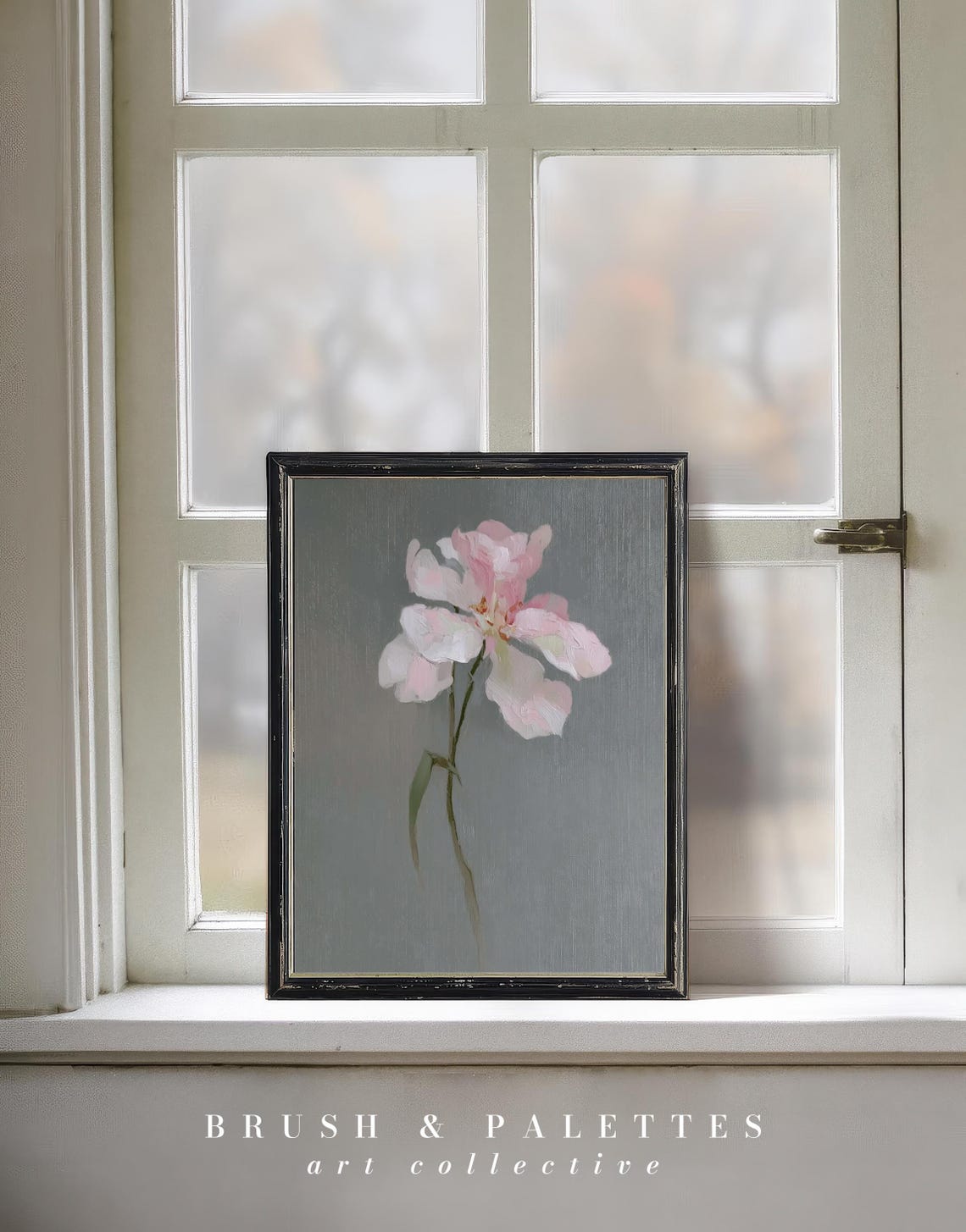 Soft Pink Blossom Floral Painting Minimalist Flower on Grey Wall Art - Image 3