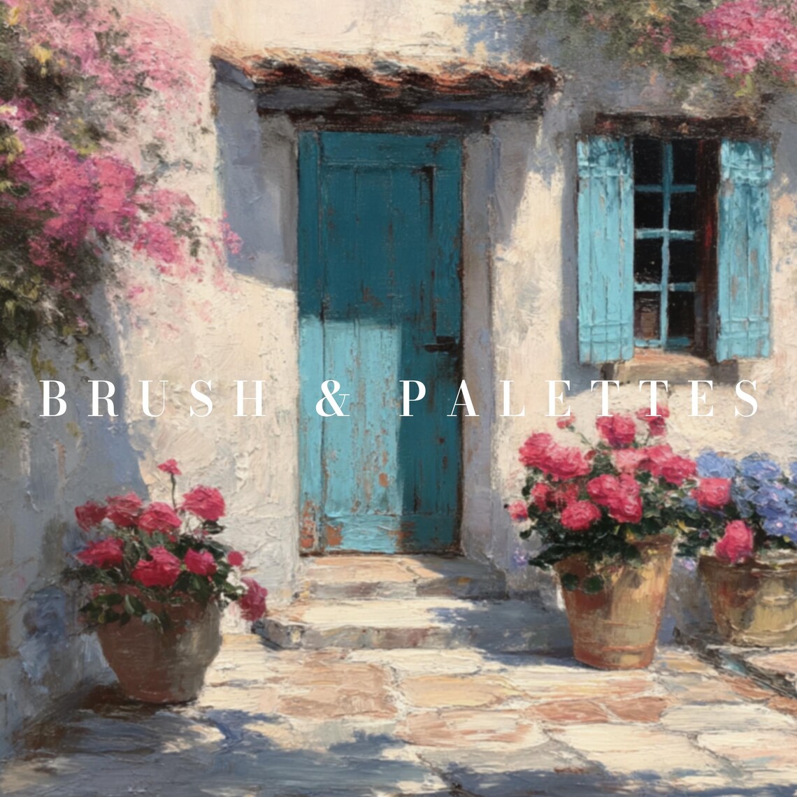 Greek Seaside House With Blue Door And Flowers Vintage Coastal Poster - Image 3