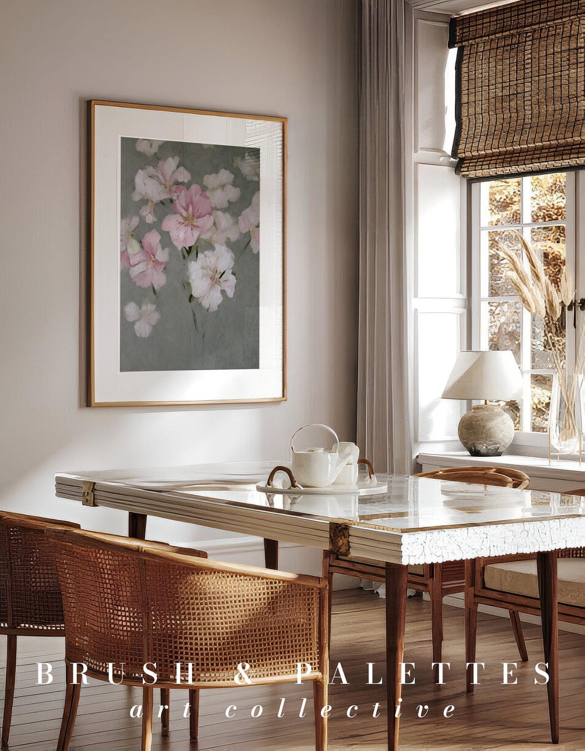 Pink And White Blossoms Watercolor Floral Painting Soft Gray Poster - Image 2