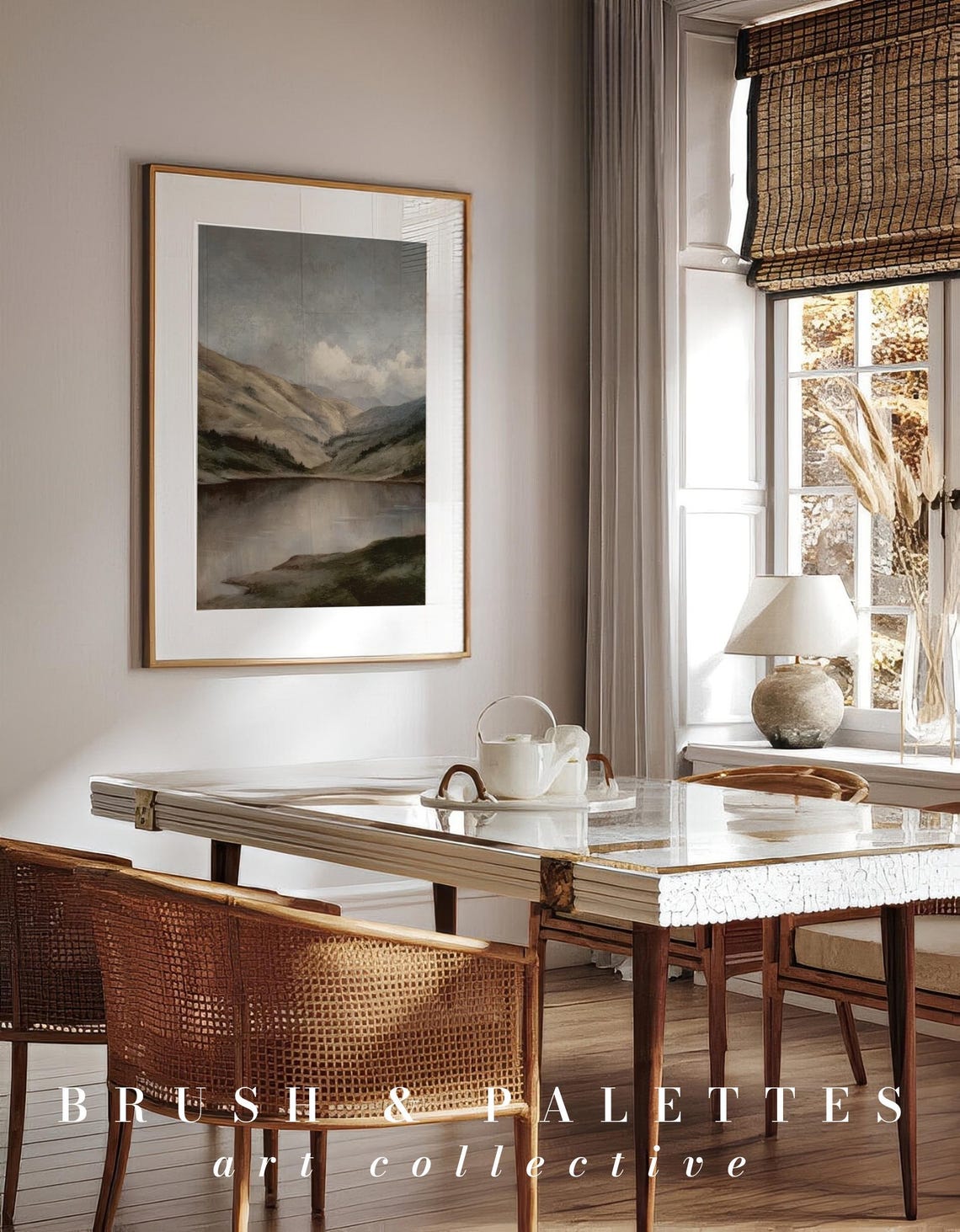 Misty Mountain Lake Gray Muted Tones Serene Landscape Painting Poster - Image 3