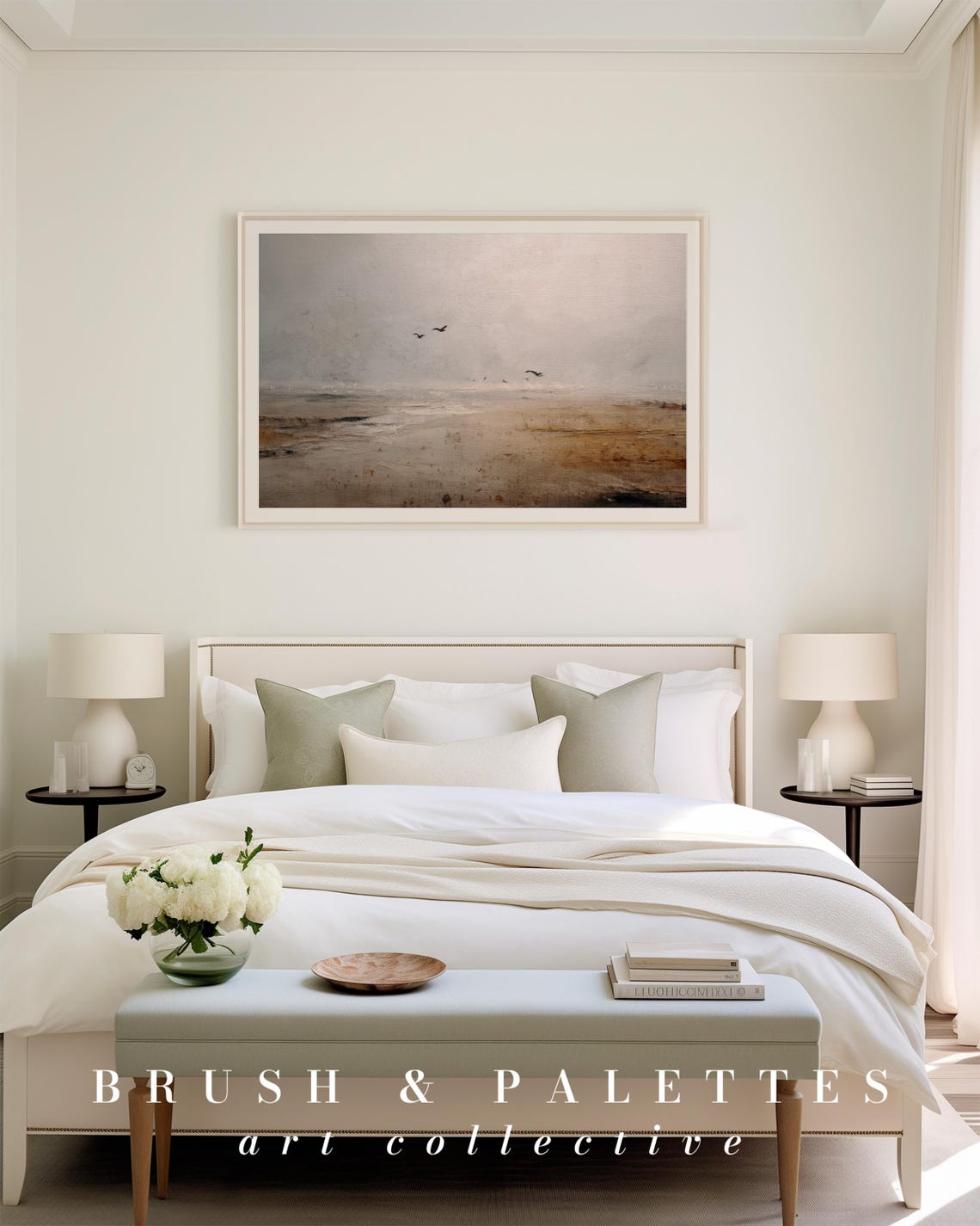 Muted Foggy Beach Painting Birds Flying Coastal Minimalist Poster - Image 2