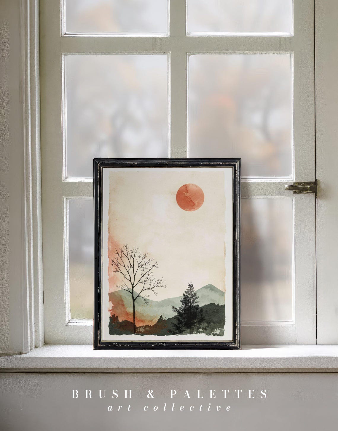 Red Sun Watercolor Mountain Landscape Bare Tree Minimalist Poster - Image 2