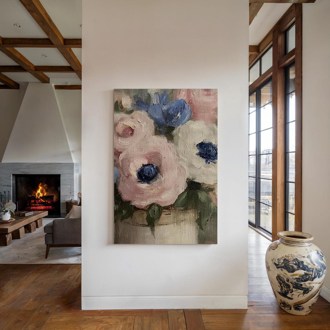 Soft Pink And Blue Anemones In Vase Impressionist Floral Art Poster - Image 2