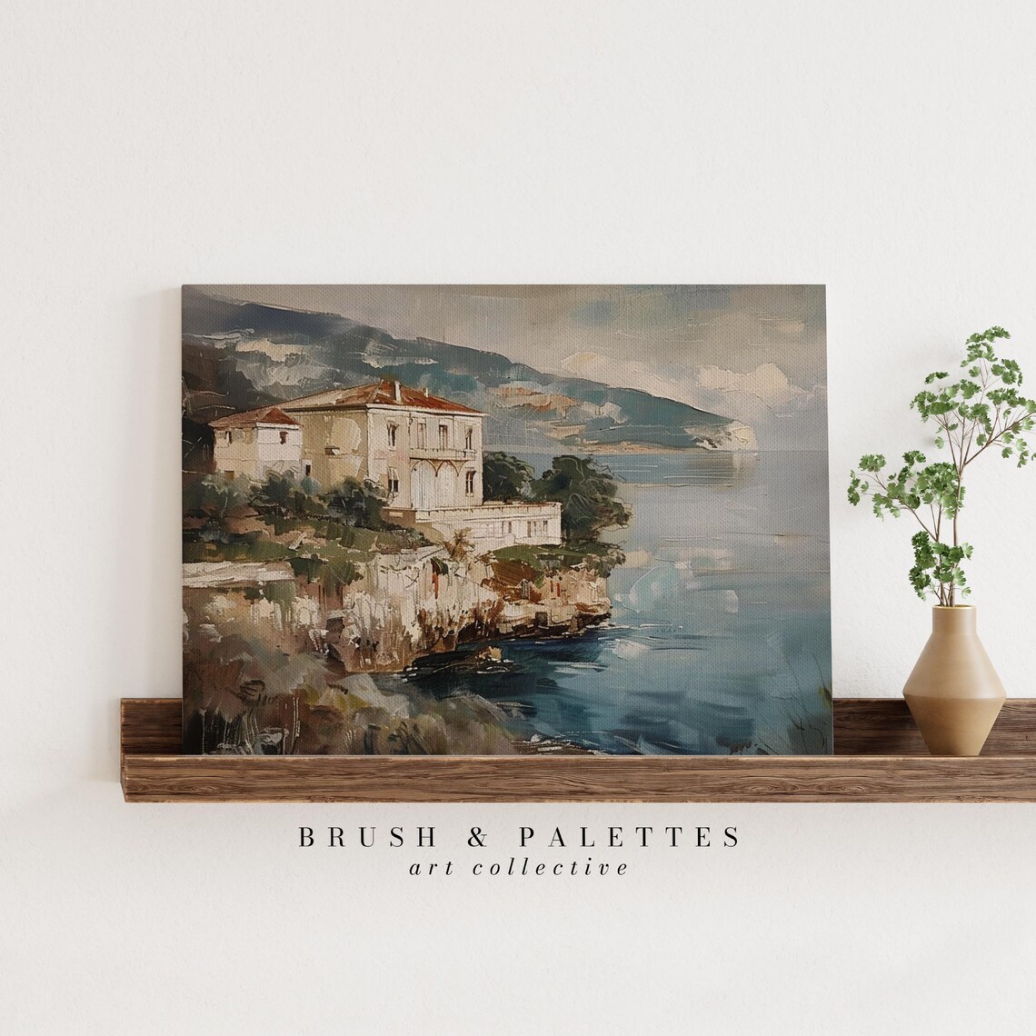 European Coastal Villa On Cliff Vintage Seaside Oil Painting Poster - Image 2