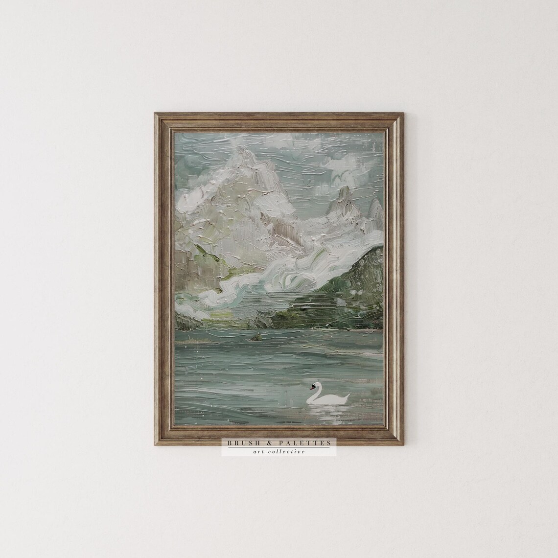 Snowy Mountain Lake With White Swan Textured Oil Painting Poster - Image 2