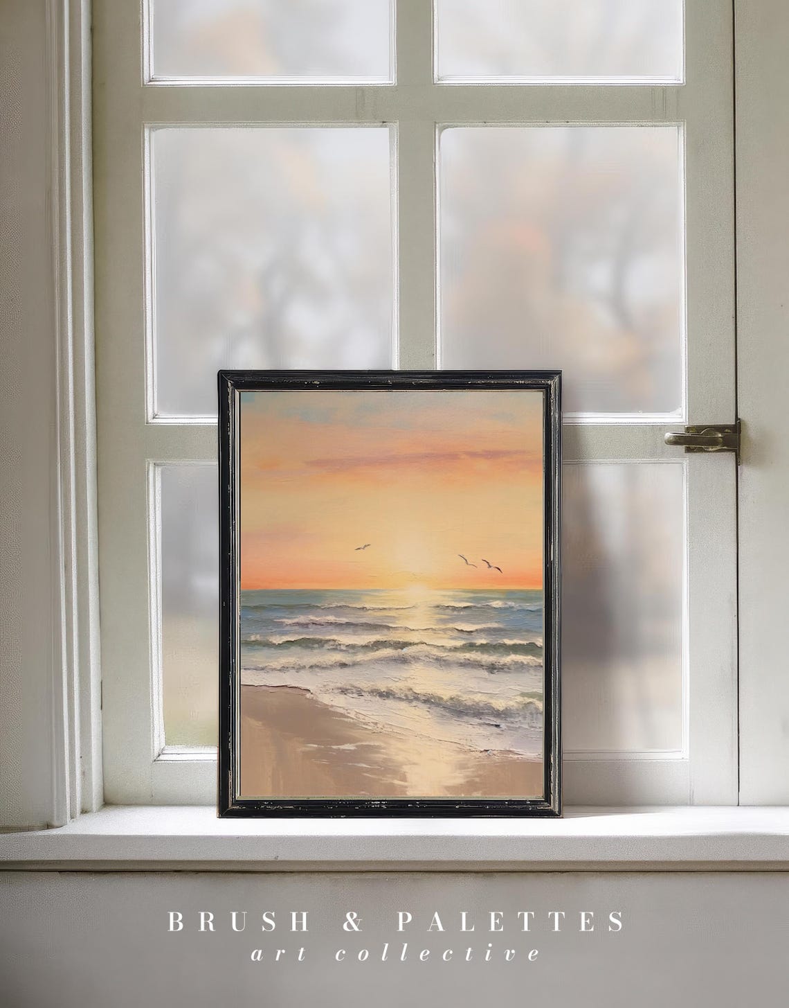 Pastel Beach Sunset With Ocean Waves And Seagulls Coastal Poster - Image 3