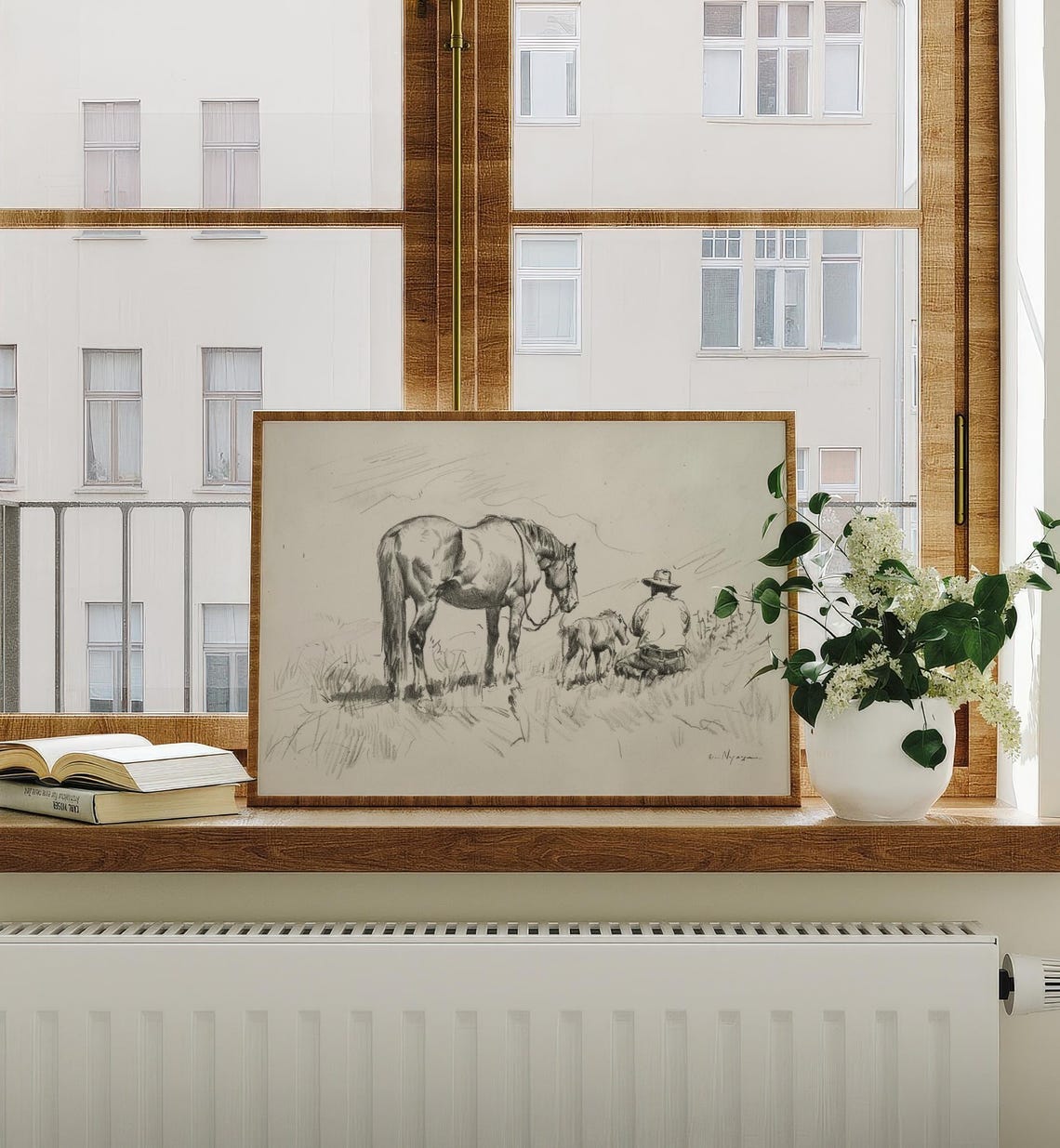 Western Cowboy Horse and Dog Pencil Sketch Rustic Farmhouse Wall Art - Image 2