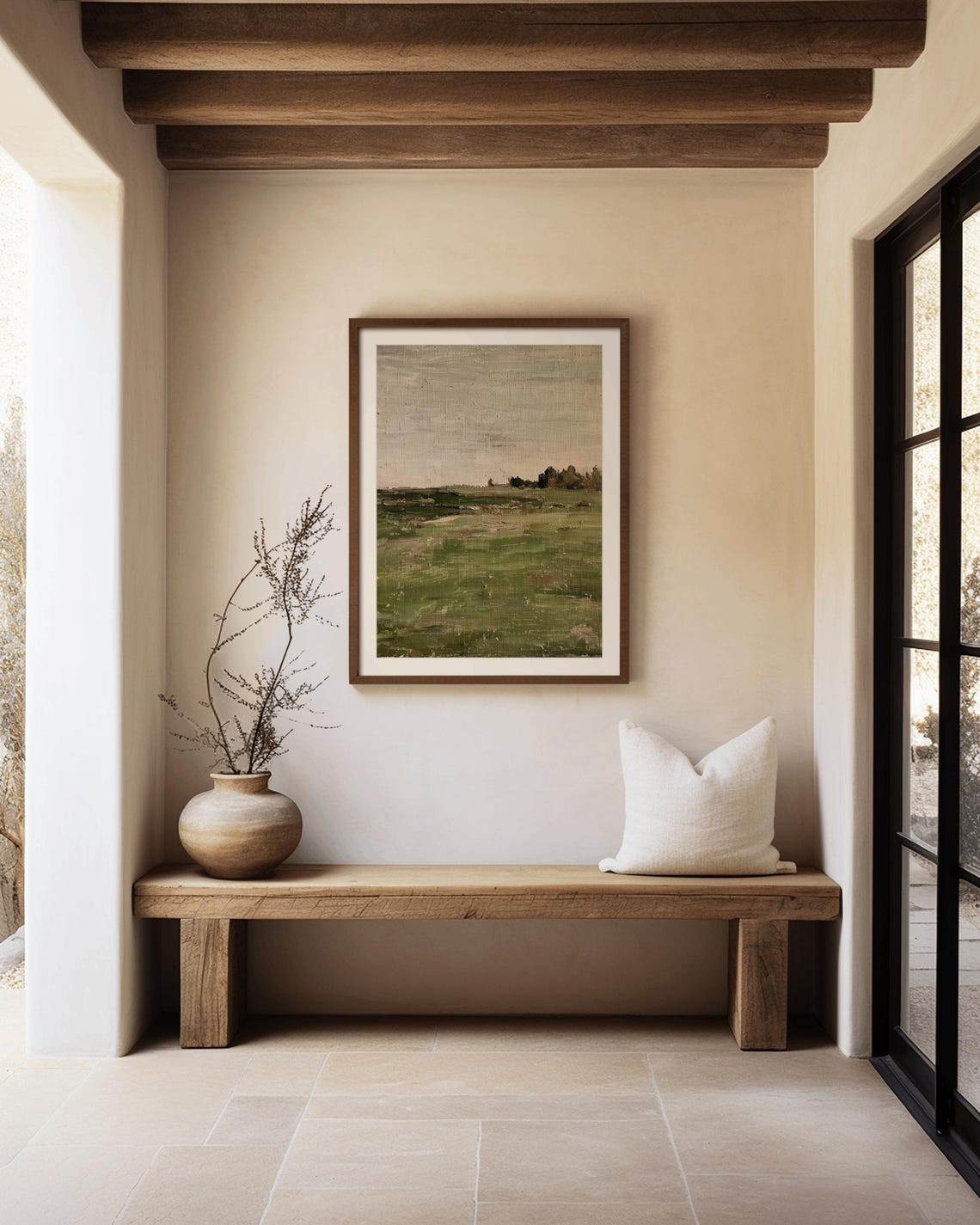 Minimalist Green Field Gray Sky Modern Countryside Art Poster - Image 3
