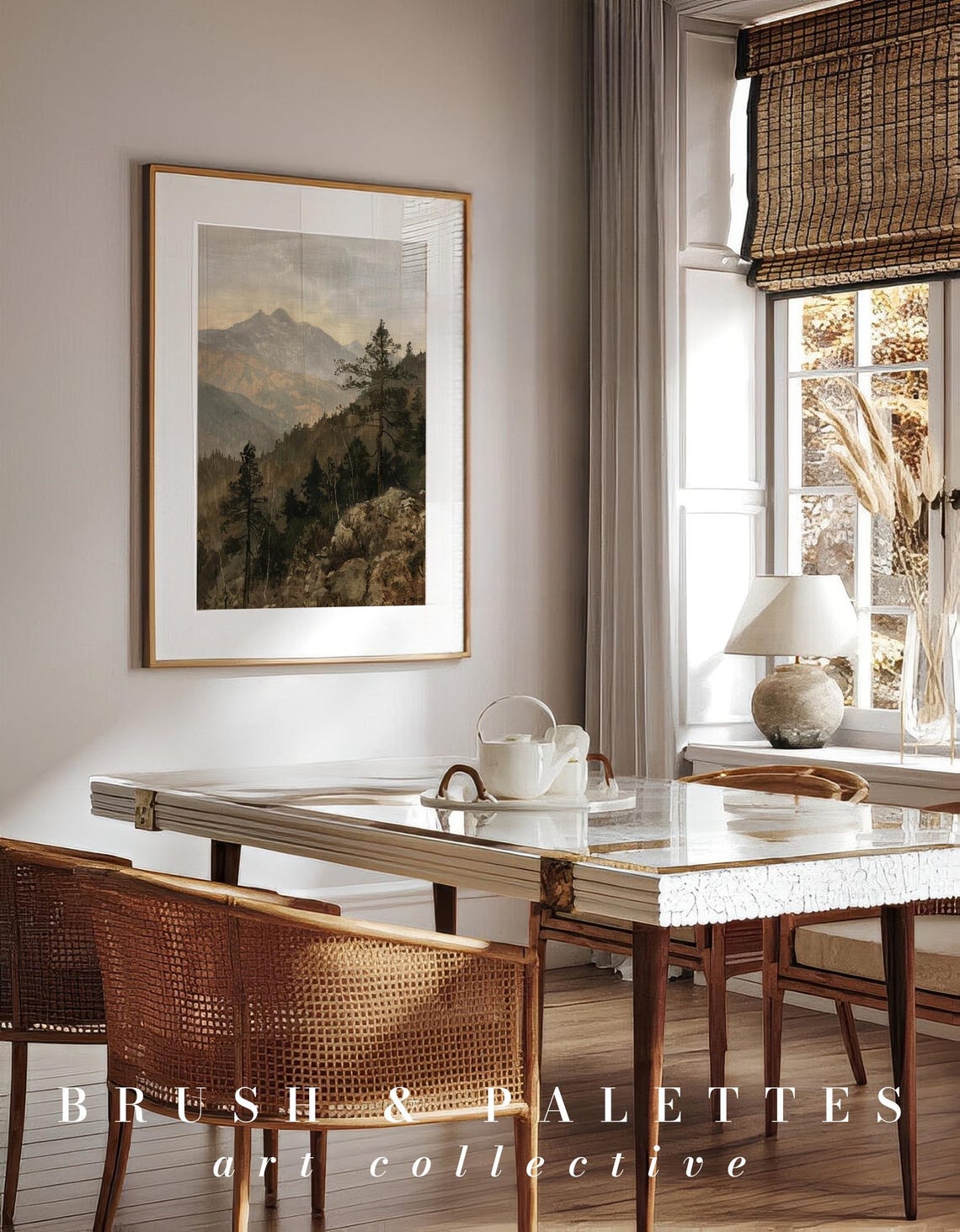 Misty Mountain Pines Golden Light Vintage Landscape Art Poster - Image 3