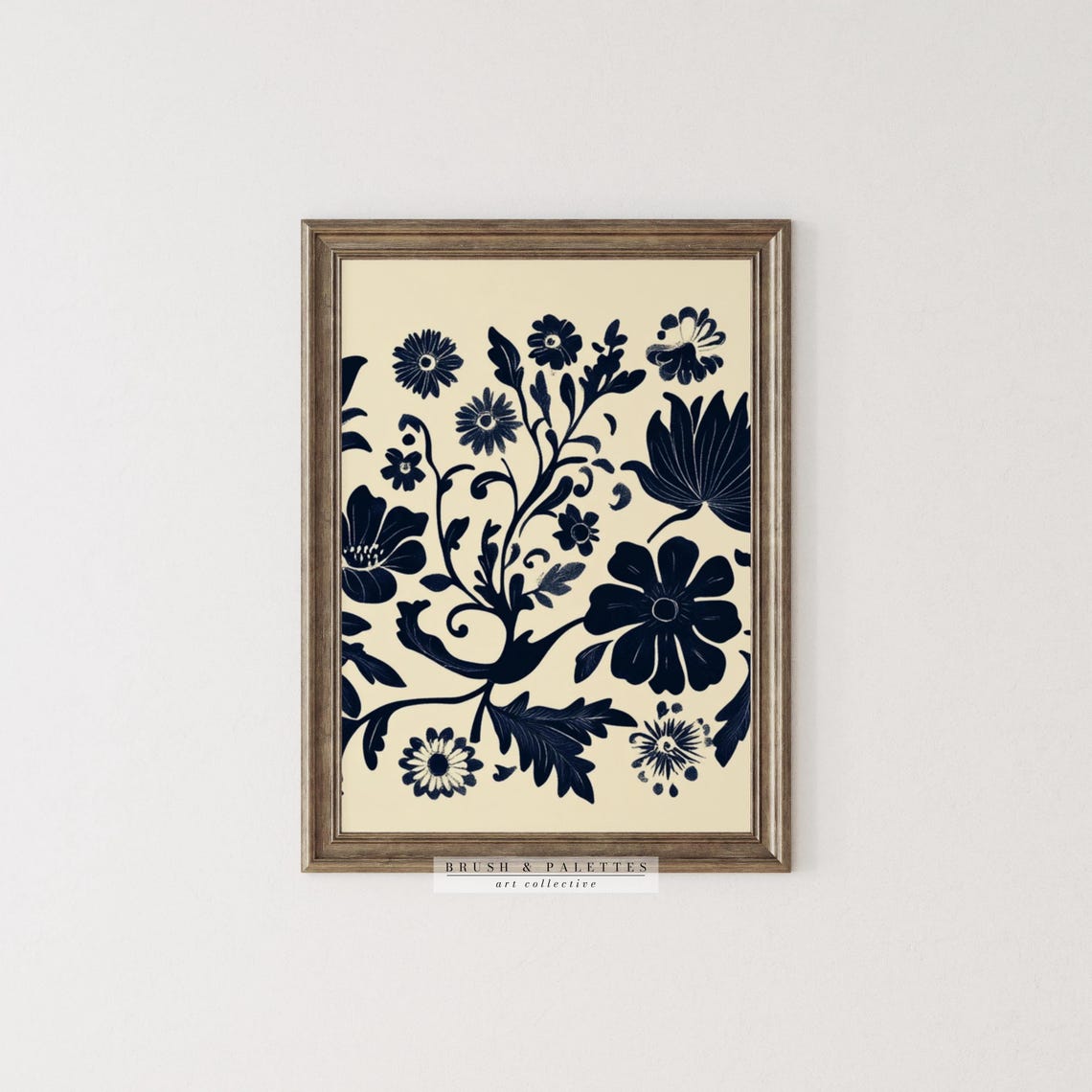 Navy Blue Botanical Silhouette Vintage Floral Branch Print On Cream