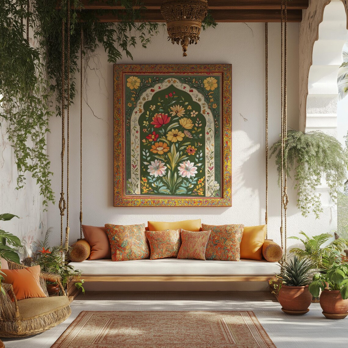 Mughal Floral Arch Botanical Painting Deep Green Red Gold Wall Art - Image 2