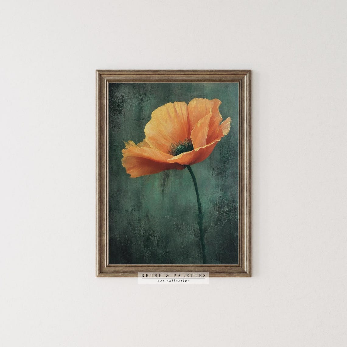 Orange Poppy Flower Dark Teal Background Bold Floral Painting Poster - Image 2