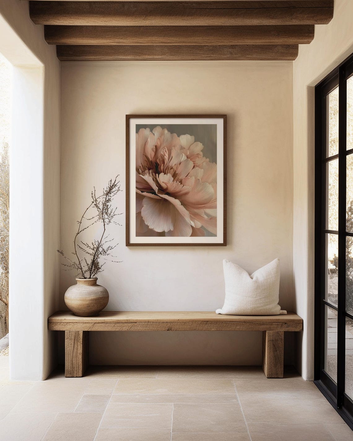 Soft Blush Peony Bloom Closeup Textured Impasto Floral Oil Art Poster - Image 2