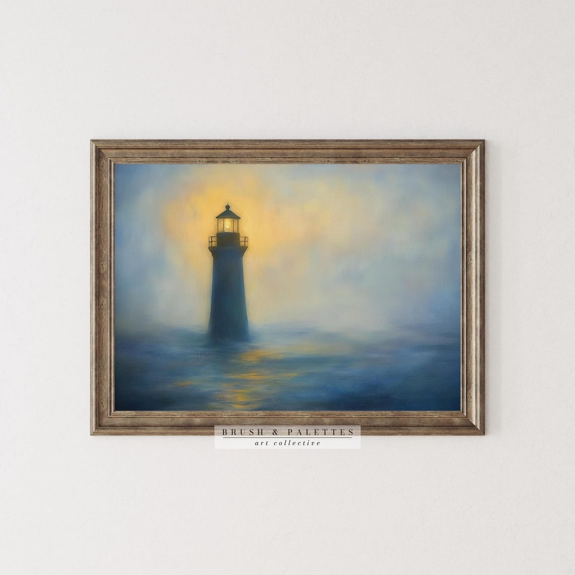 Glowing Lighthouse In Golden Mist Moody Blue Coastal Seascape Poster - Image 2