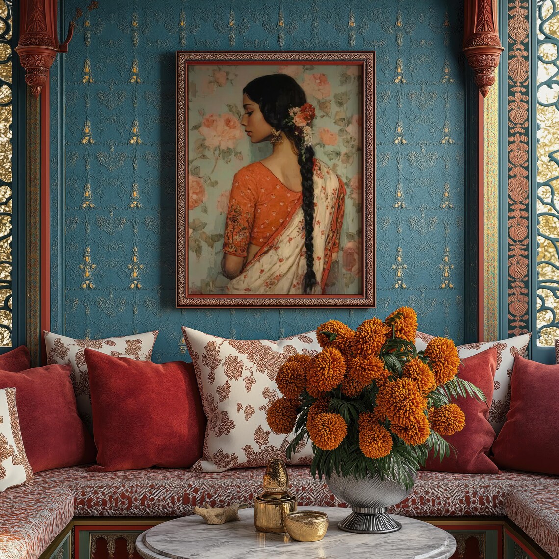 Woman in Saree Floral Portrait Traditional Indian Cultural Wall Art - Image 2