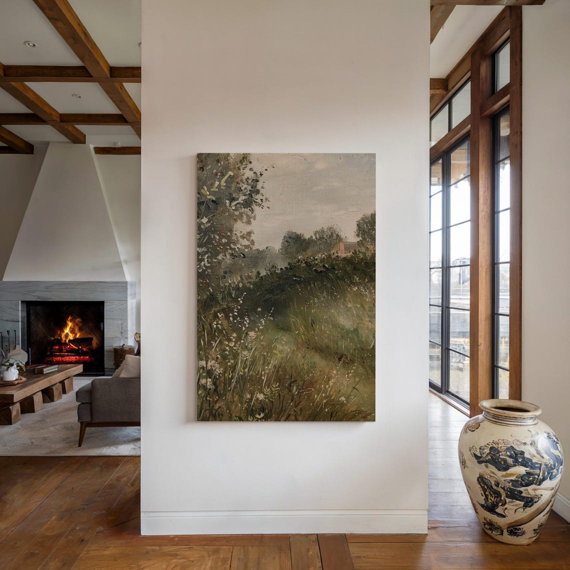 Misty Meadow Wildflowers Trees Distant House Tranquil Landscape Poster - Image 2