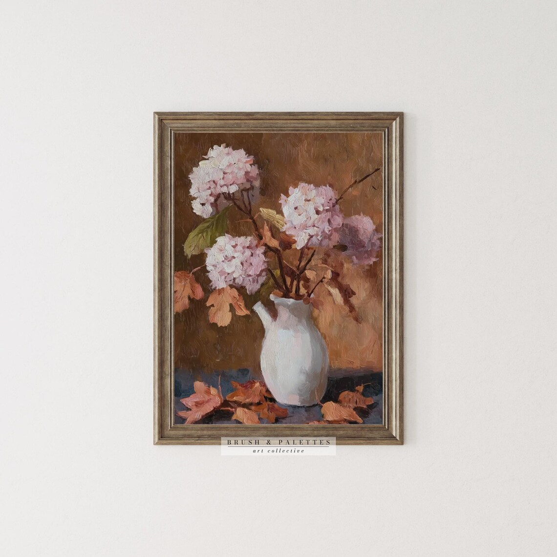 Pink Hydrangeas In White Vase With Autumn Leaves Vintage Still Life Poster - Image 3