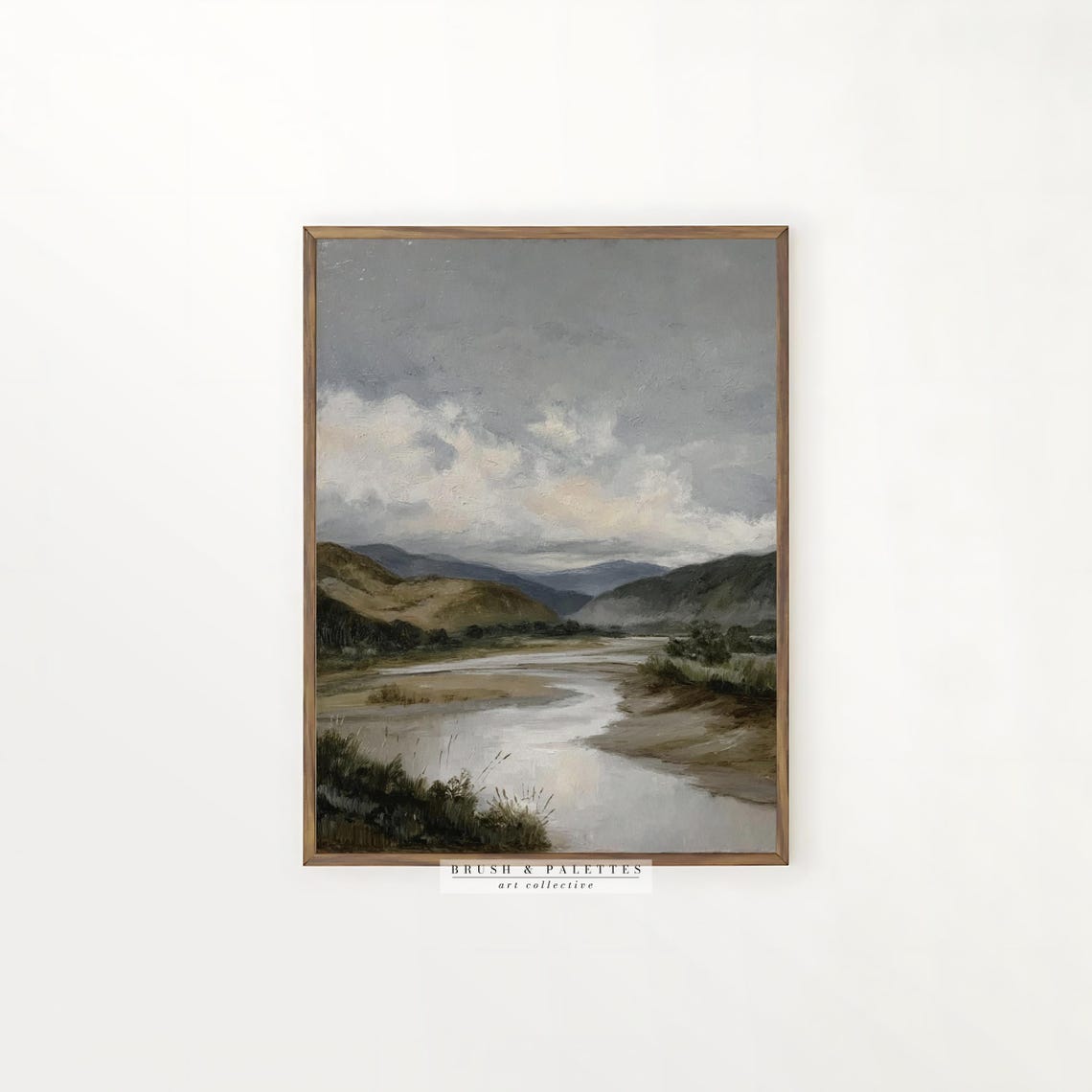 Moody Overcast River Valley Mountain Landscape Oil Painting Poster - Image 2