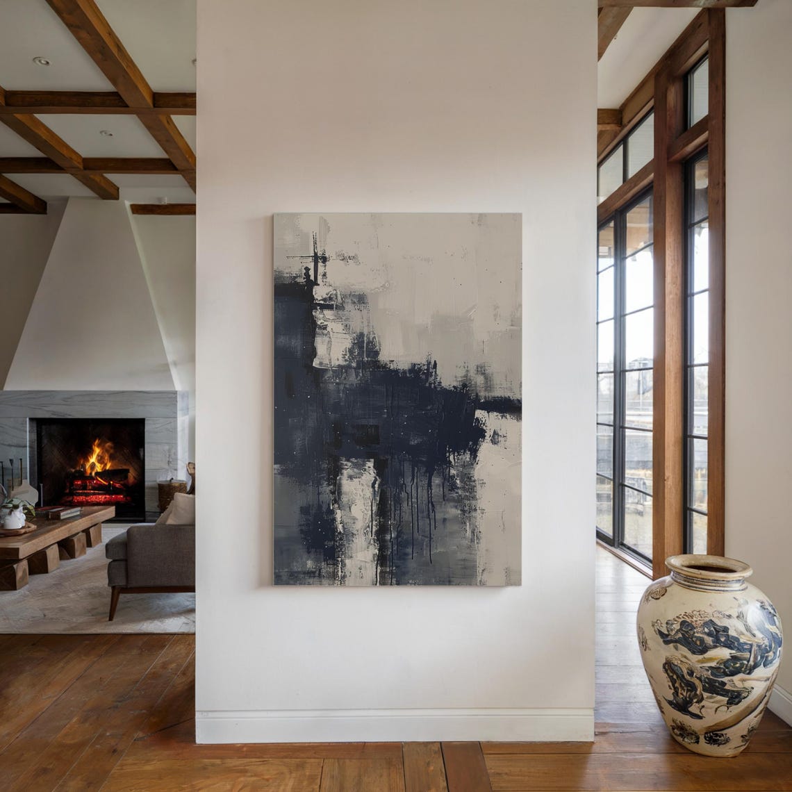 Navy Blue Abstract Painting Modern Minimalist Ink Brushstroke Poster - Image 3