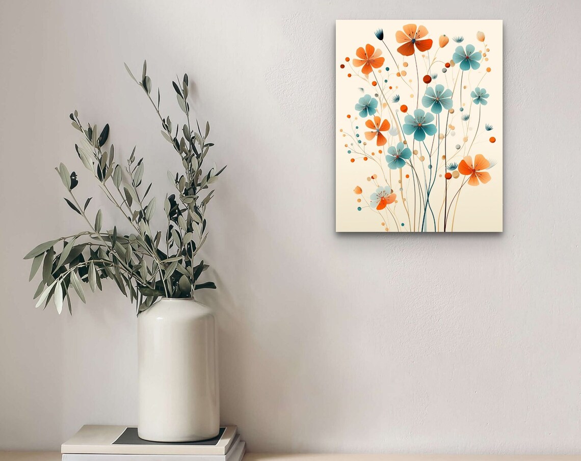 Delicate Coral And Teal Wildflowers Elegant Botanical Art Poster