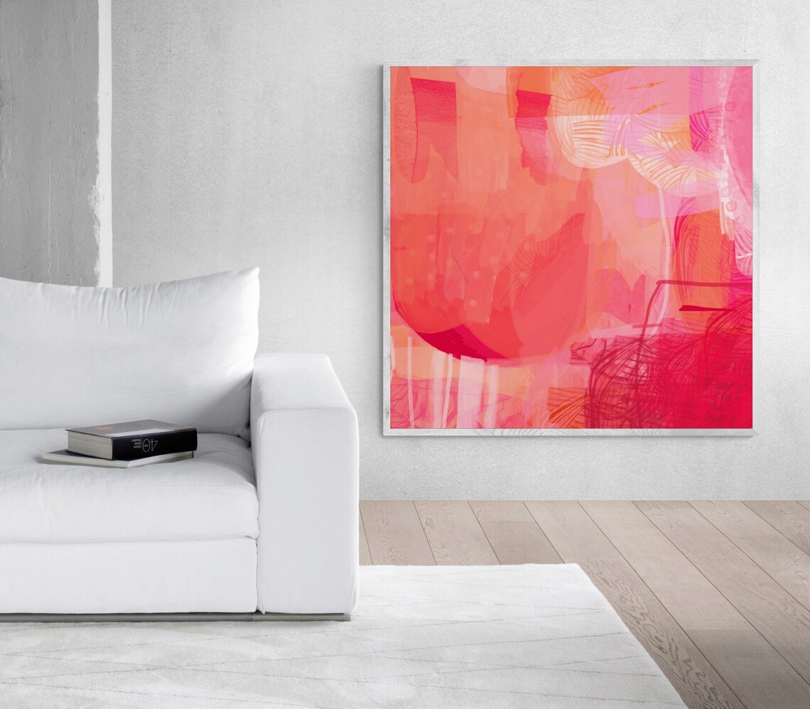 Hot Pink Red Abstract Painting, Trendy Wall Art Print - Image 4
