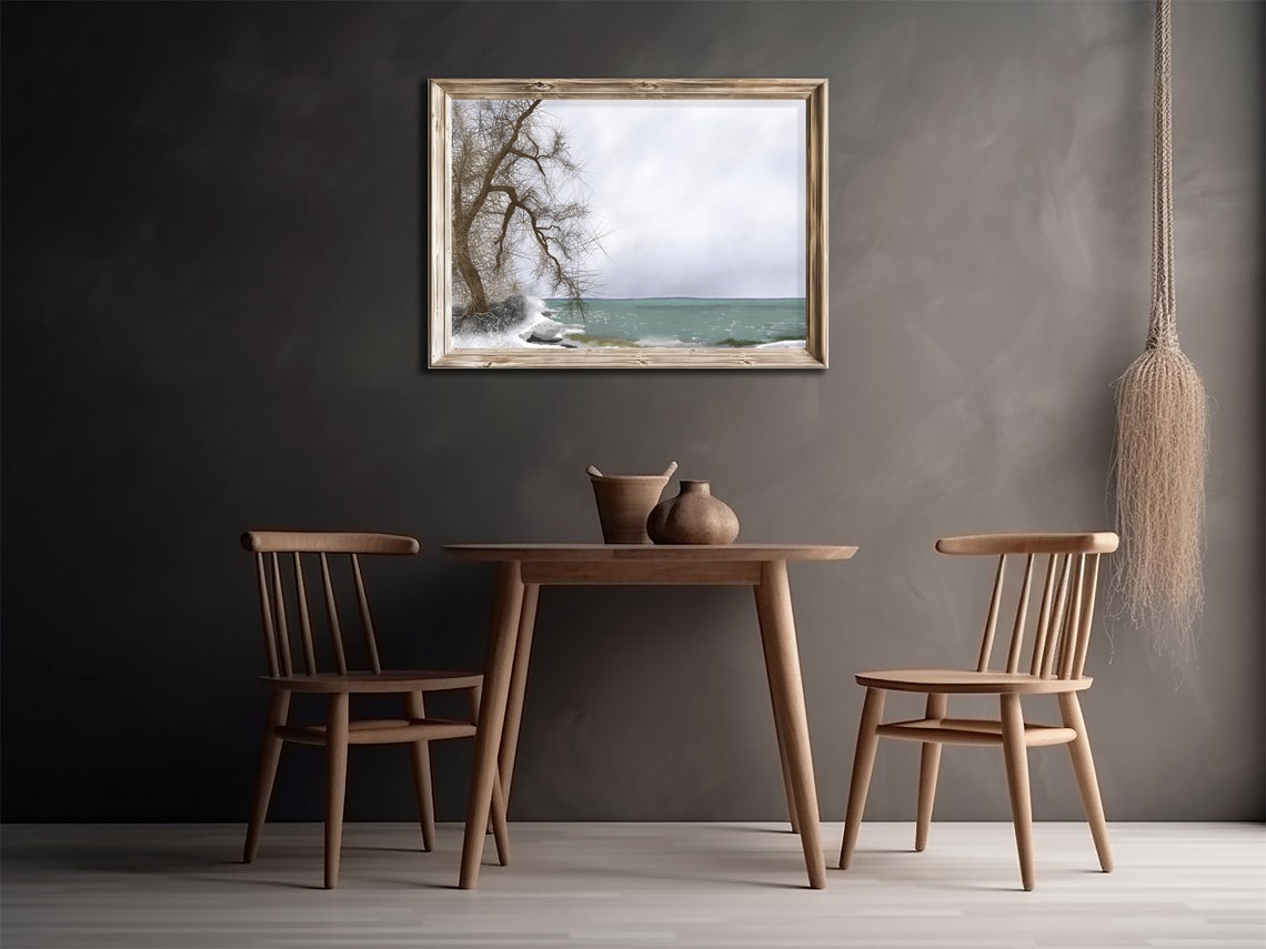 Winter Seashore Icy Rocks Bare Tree Overcast Grey Sea Landscape Poster - Image 2