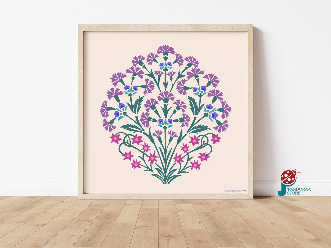 Purple Pink Wildflower Bouquet Folk Art Vintage Botanical Wall Poster
