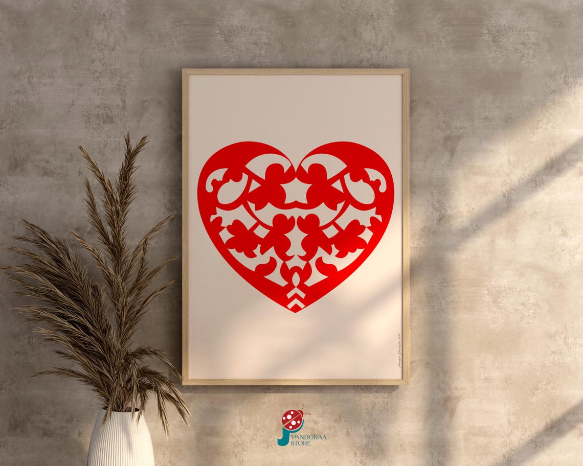 Red Folk Art Heart Papercut with Cherubs on Cream Background Poster