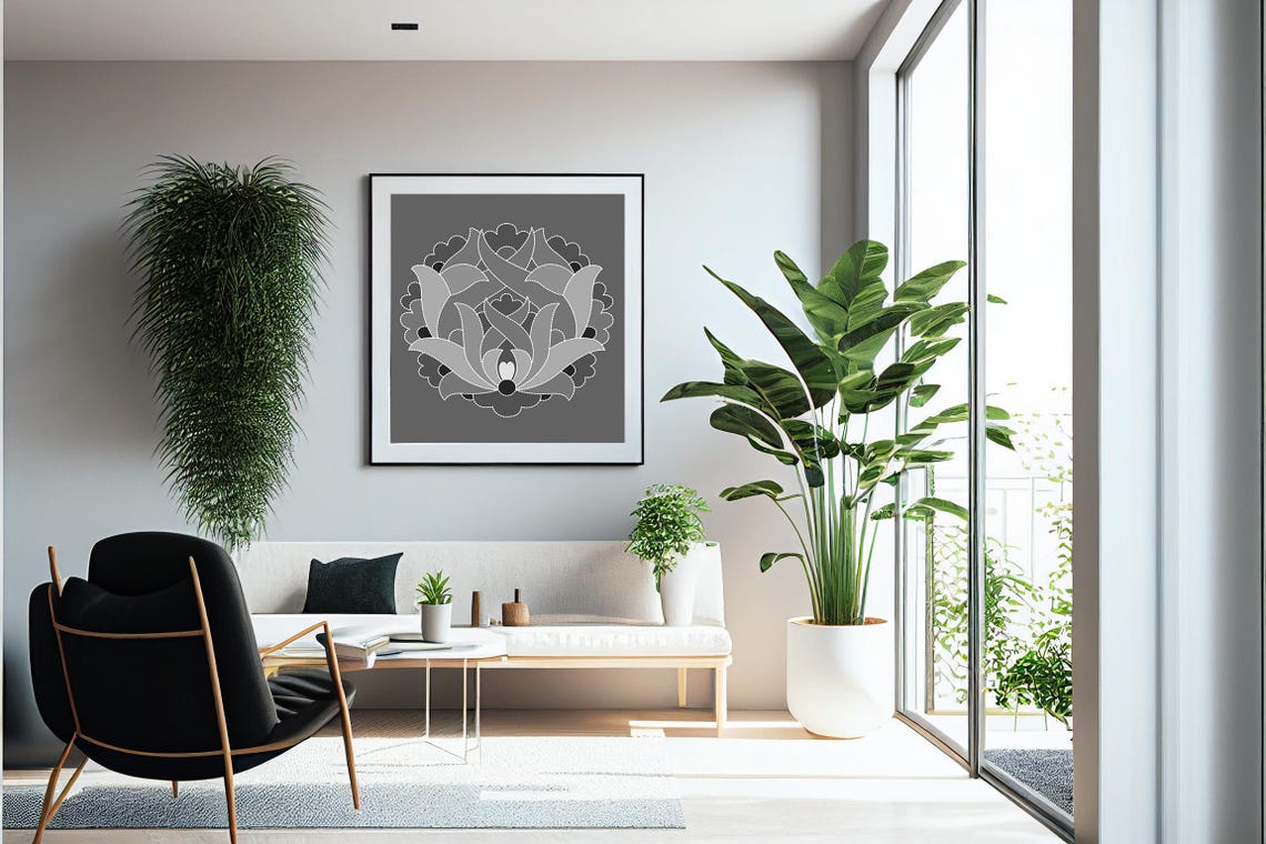 Grey Ornamental Floral Medallion Art on Dark Grey Background Poster - Image 4