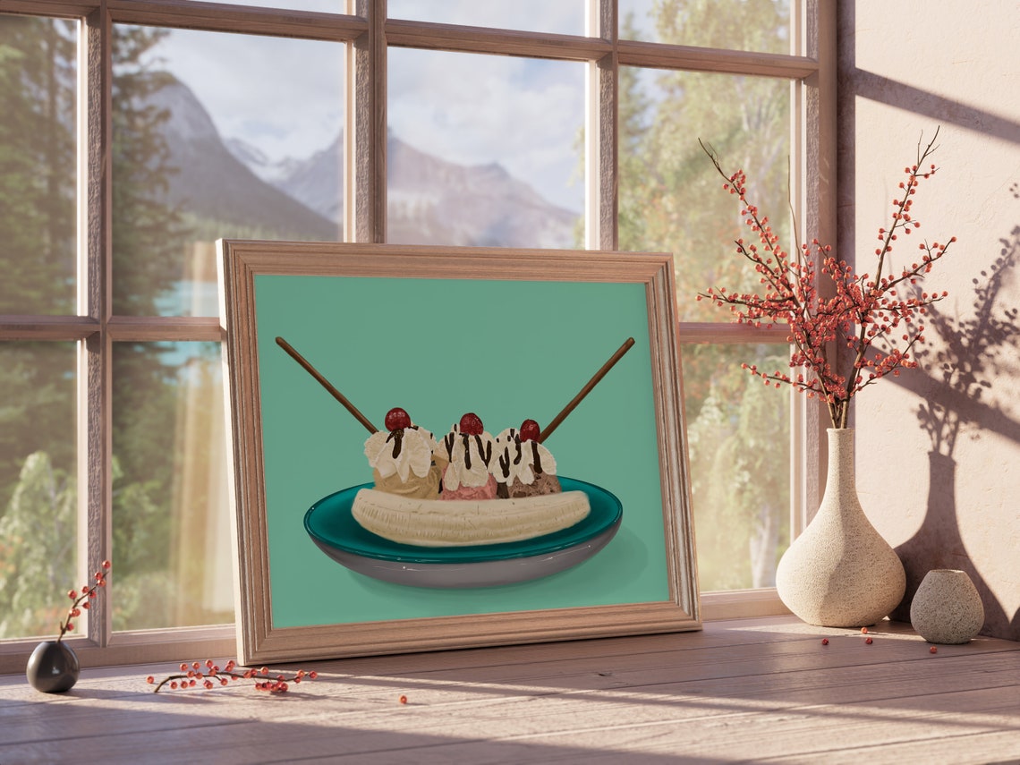 Banana Split Sundae Three Scoops Cherries Retro Dessert Print - Image 5