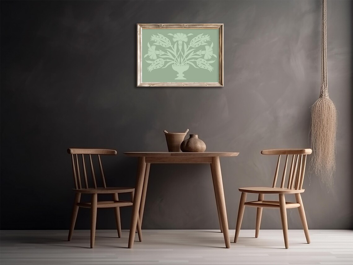 Sage Green Tone Floral Bouquet Urn Minimalist Folk Wall Art Print - Image 2