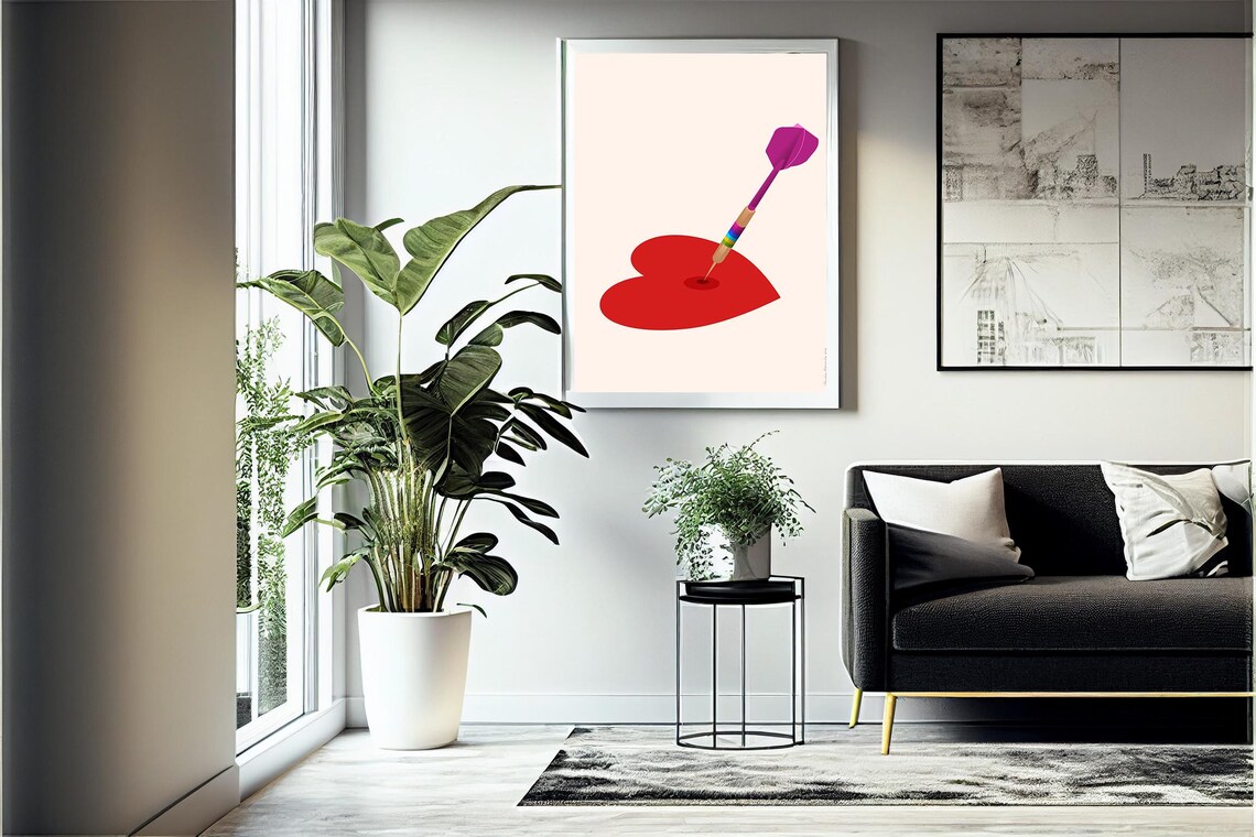 Red Heart Pierced by Rainbow Dart on Cream Minimalist Love Poster - Image 4