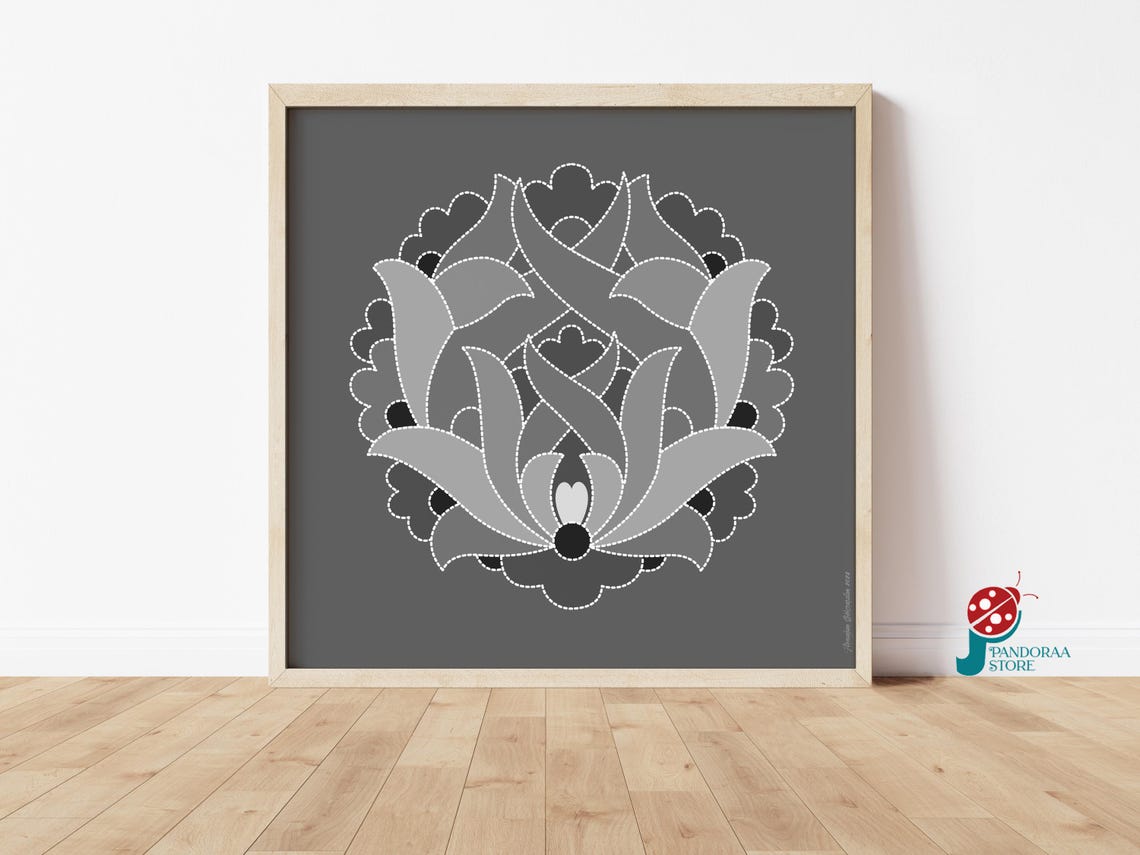 Grey Ornamental Floral Medallion Art on Dark Grey Background Poster