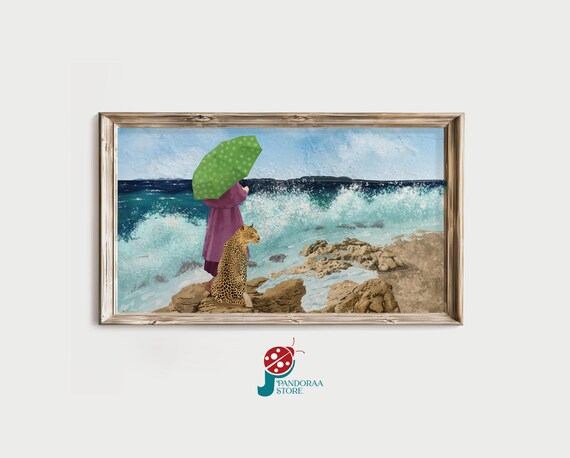 Woman Leopard Ocean Cliff Green Umbrella Seascape Dreamlike Poster