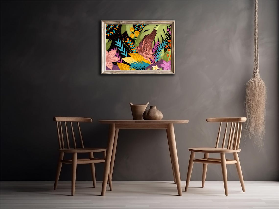 Colorful Bird of Prey Tropical Floral Bloom Bold Eclectic Print - Image 3
