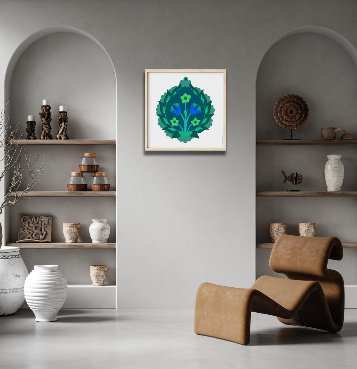 Blue Green Floral Medallion Folk Art Vintage Botanical Circle Poster - Image 2