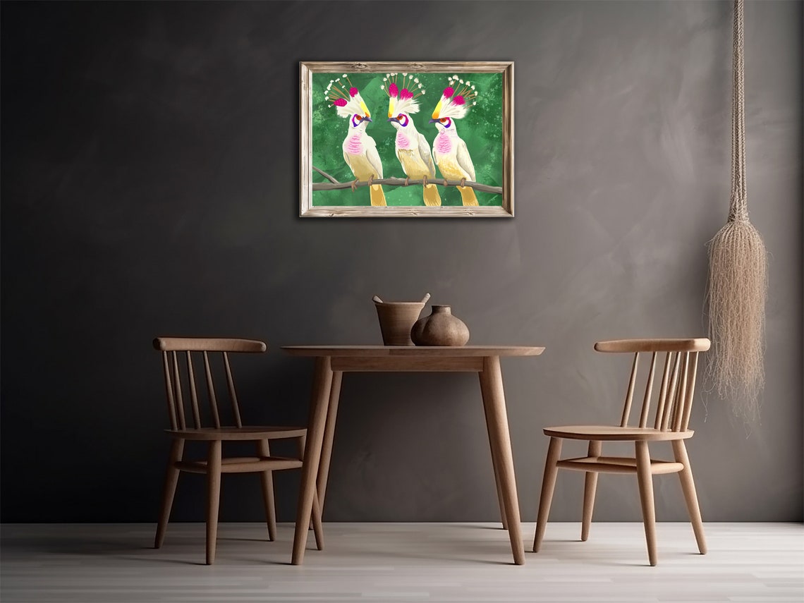 Three Crested White Birds on Branch Green Background Wildlife Print - Image 2
