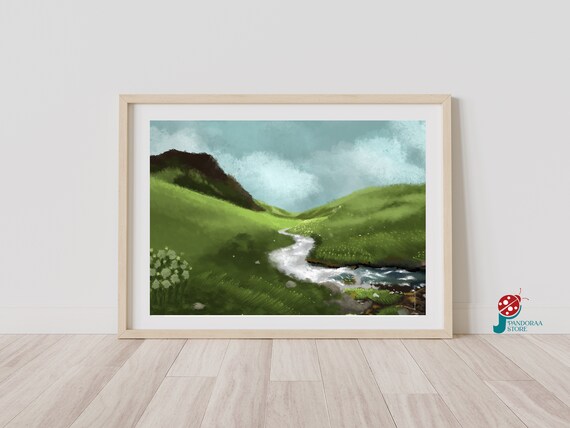 River Landscape Wall Art Vintage Mountain Painting Print Farmhouse Antique Wall Decor Green Pastoral Landscape Art Print
