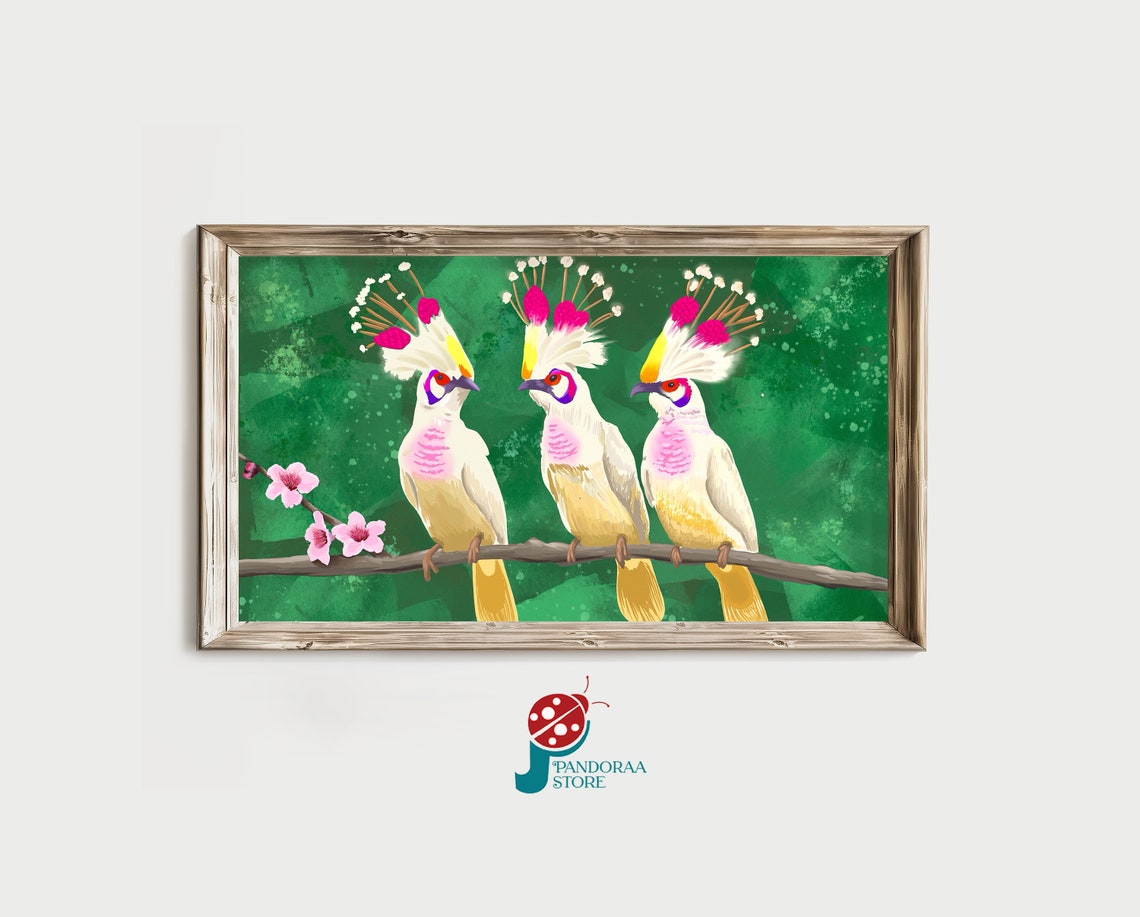 Three Crested Birds Pink Blossoms Green Branch Exotic Bird Print