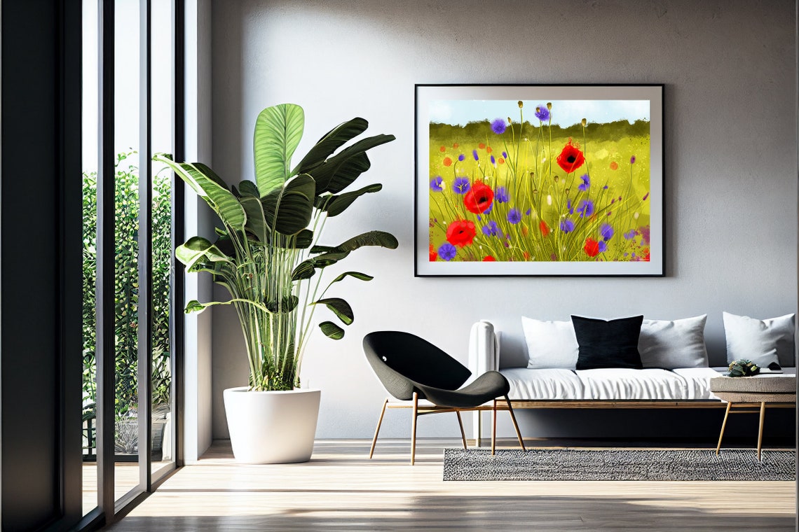 Red Poppies Purple Cornflowers Sunny Meadow Flower Field Print - Image 2
